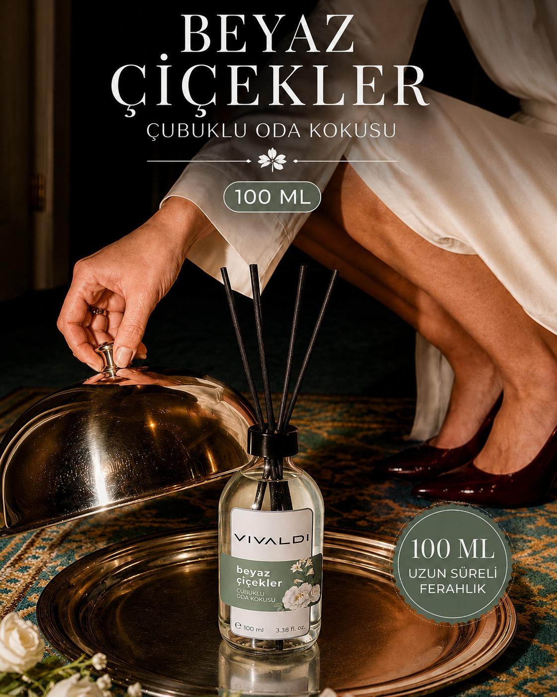 Beyaz Çiçekler 100 ml çubuklu oda kokusu şişesi